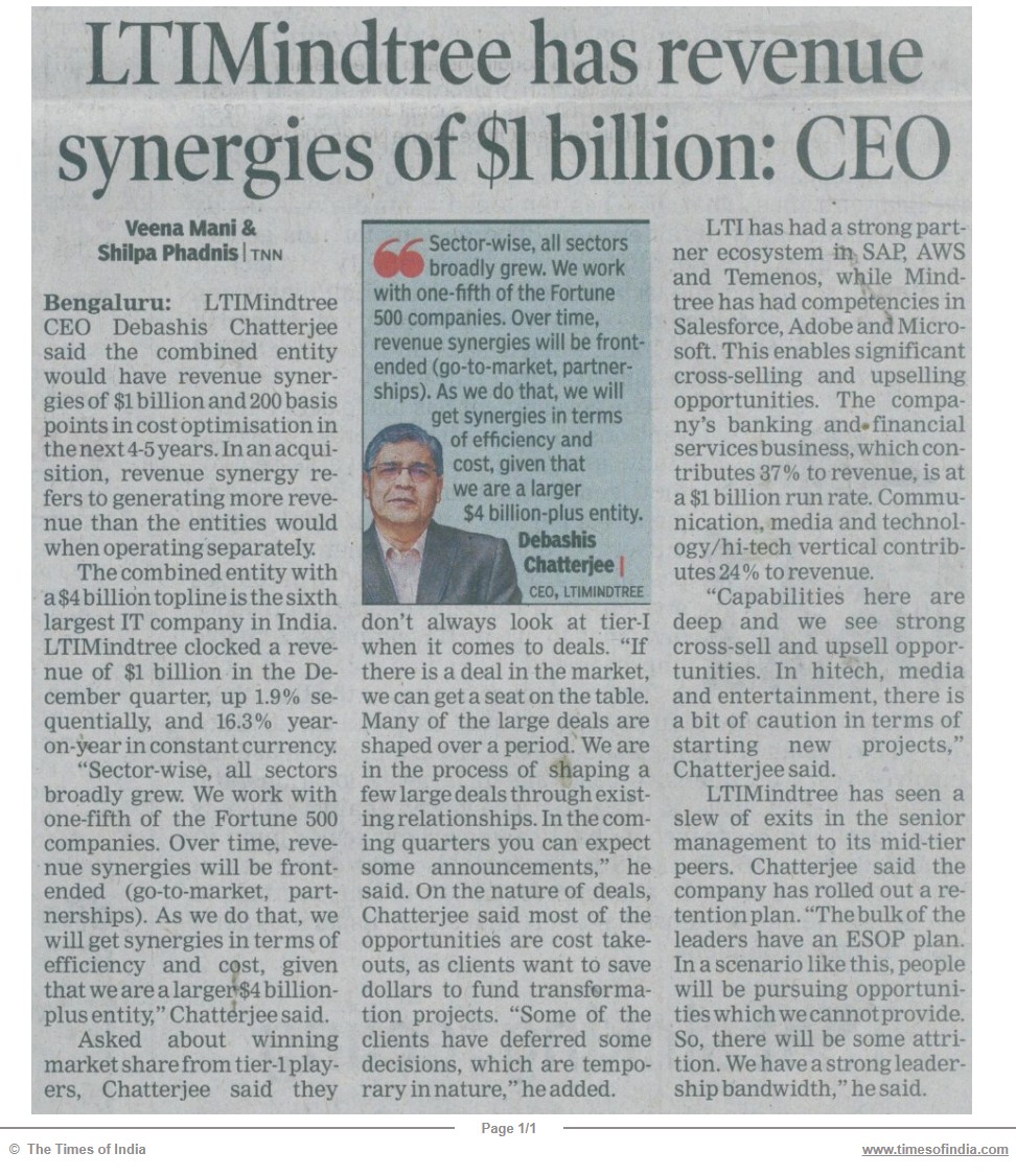 LTIMindtree has revenue synergies of $1 billion