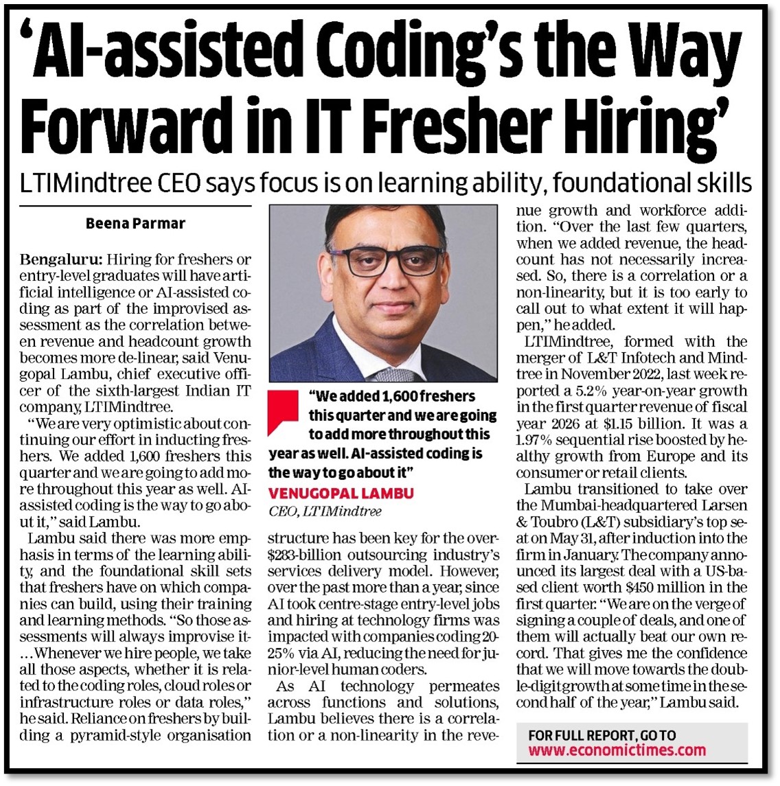 LTIMindtree AI-assisted coding hiring graduates